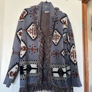 LA MIEL Aztec Fringed Open-Front Cardigan - Gray, Brown, Cream, Black